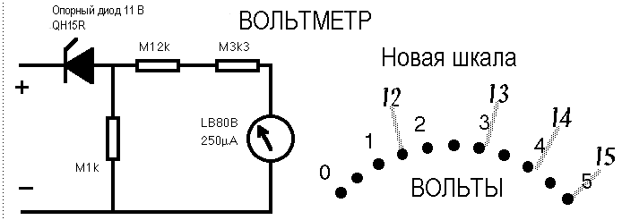 Схема вольтметра на стрелочном индикаторе Схема вольтметра на стрелочном индикаторе
