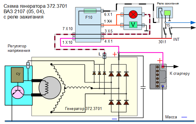 Схема подключения регулятора напряжения ваз. Регулятор напряжения ВАЗ 2107 схема подключения. Схема генератора 372.3701. Схема генератора ВАЗ 372.3701. Генератор 372.3701 схема подключения.
