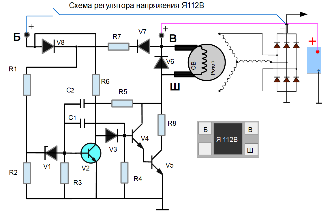 Схема подключения регулятора напряжения ваз. Реле регулятор ВАЗ я112в1. Регулятор напряжения я112б1 схема подключения. Я112а схема подключения. Схема регулятора напряжения я112в1.